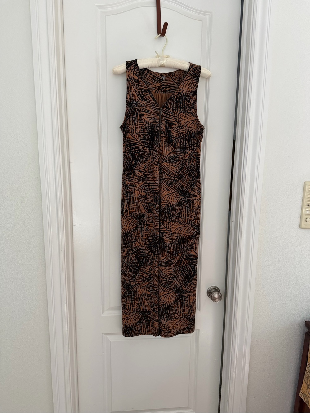 Garnet Hill Taupe and Black Palm-Print Zip Front Maxi Dress.